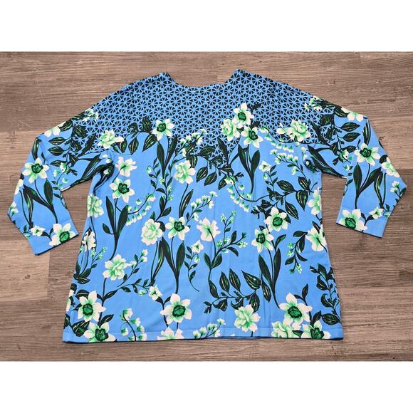 Isaac Mizrahi Live! Blue Floral Print Crew Neck Button Front Cardigan - Picture 2 of 7